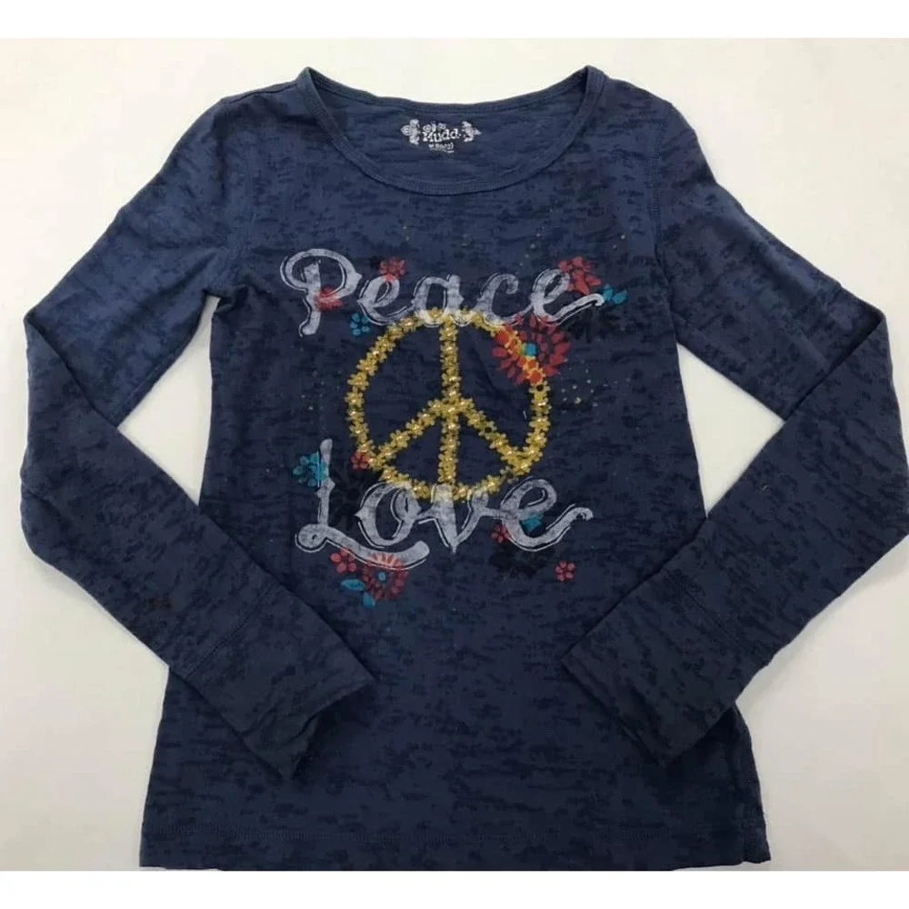 Mudd Kids Blue Peace Love Graphic Tee Long Sleeve Sheer Burnout Top Size M 10/12
